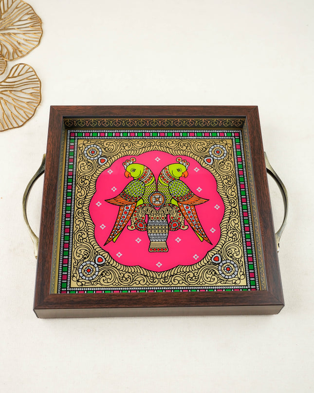 Tanjore Style Reverse Glass Painting Tray - Twin Parrot - WL6076