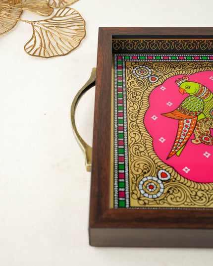 Tanjore Style Reverse Glass Painting Tray - Twin Parrot - WL6076