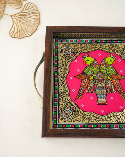 Tanjore Style Reverse Glass Painting Tray - Twin Parrot - WL6076
