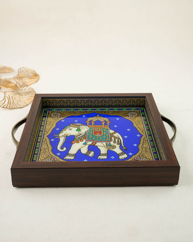Tanjore Style Reverse Glass Painting Tray - Elephant - WL6077