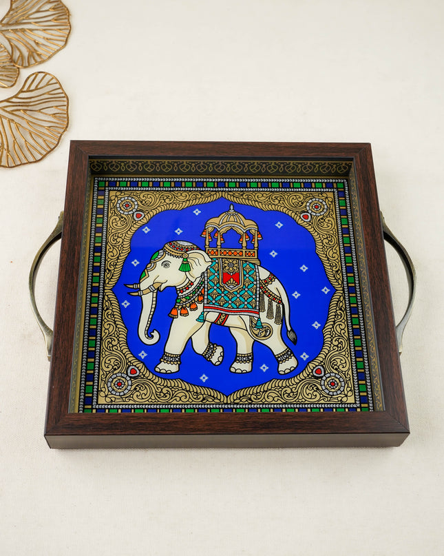 Tanjore Style Reverse Glass Painting Tray - Elephant - WL6077
