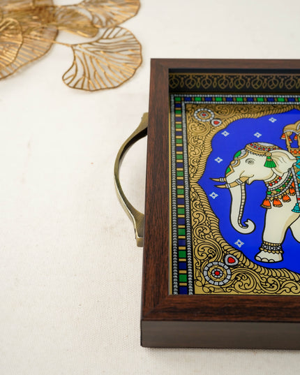 Tanjore Style Reverse Glass Painting Tray - Elephant - WL6077