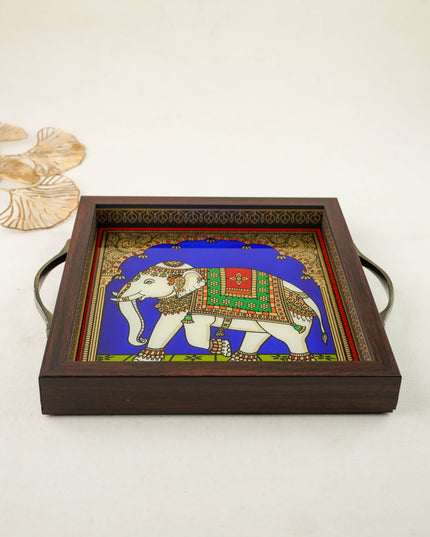 Tanjore Style Reverse Glass Painting Tray - Elephant - WL6078