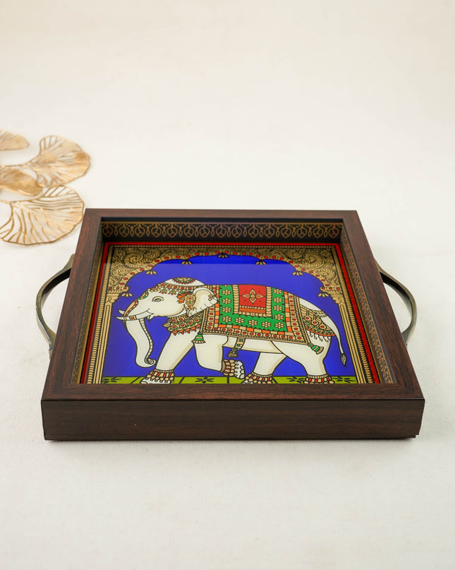 Tanjore Style Reverse Glass Painting Tray - Elephant - WL6078