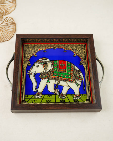 Tanjore Style Reverse Glass Painting Tray - Elephant - WL6078