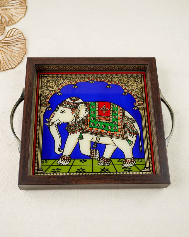 Tanjore Style Reverse Glass Painting Tray - Elephant - WL6078