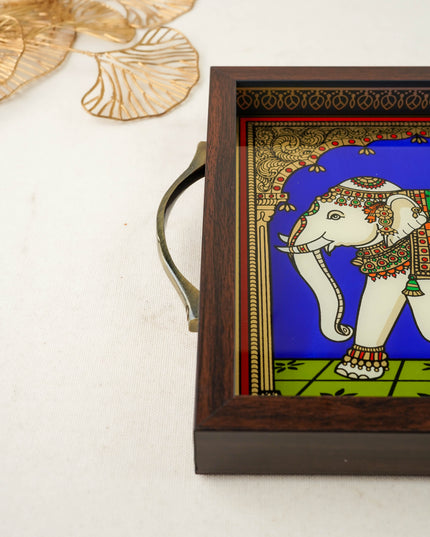 Tanjore Style Reverse Glass Painting Tray - Elephant - WL6078