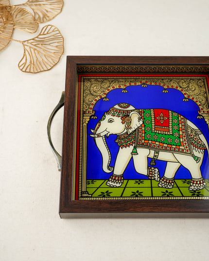 Tanjore Style Reverse Glass Painting Tray - Elephant - WL6078