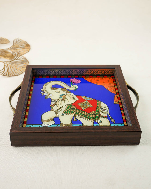 Tanjore Style Reverse Glass Painting Tray - Elephant - WL6079