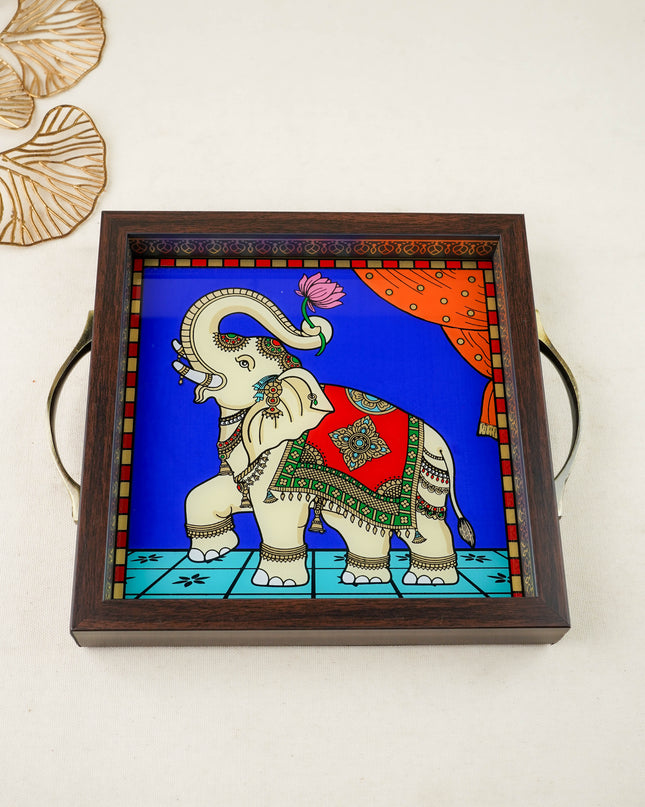 Tanjore Style Reverse Glass Painting Tray - Elephant - WL6079