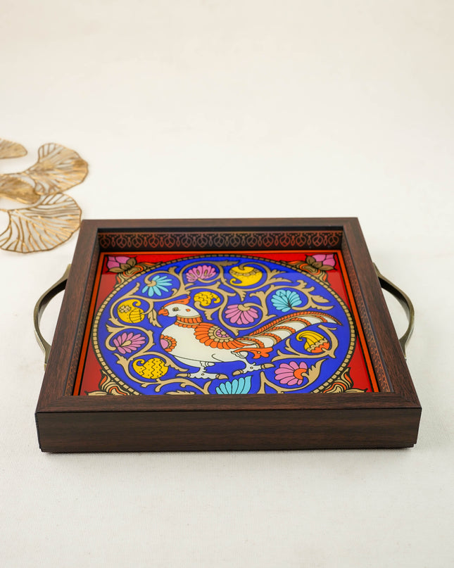 Tanjore Style Reverse Glass Painting Tray - Peacock - WL6082