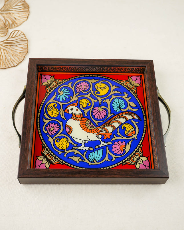 Tanjore Style Reverse Glass Painting Tray - Peacock - WL6082