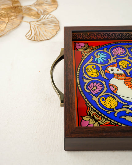 Tanjore Style Reverse Glass Painting Tray - Peacock - WL6082
