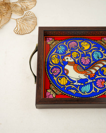 Tanjore Style Reverse Glass Painting Tray - Peacock - WL6082