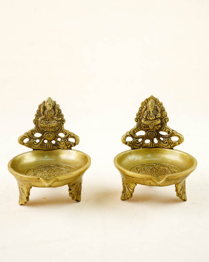 Brass Lakshmi Ganesha Diya - Set of 2 - 4 inch - WL6086