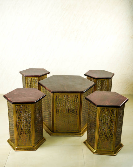 Coffee Centre Table with 4 Side Stools - Gold - WL6096