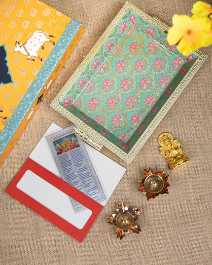 Gift Hamper - Meenakari Tray with Lakshmi Idol, Foil Card and Flower Diya - WMH0017