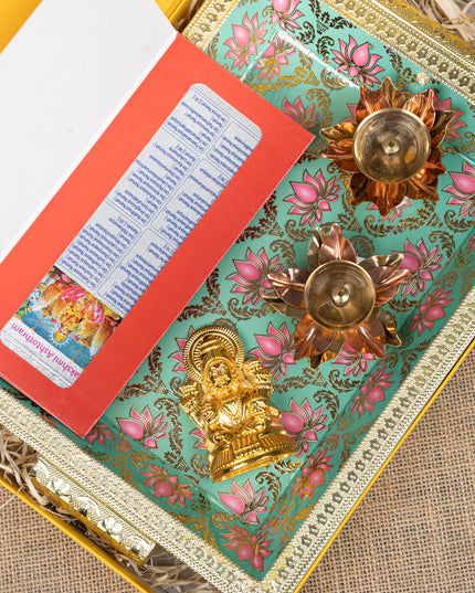 Gift Hamper - Meenakari Tray with Lakshmi Idol, Foil Card and Flower Diya - WMH0017