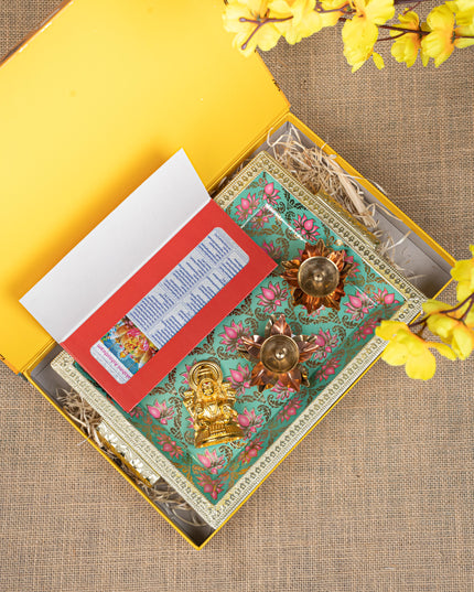 Gift Hamper - Meenakari Tray with Lakshmi Idol, Foil Card and Flower Diya - WMH0017