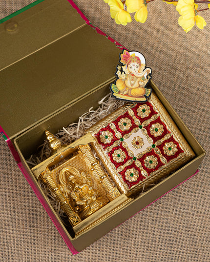 Gift Hamper - Manai with Ganesha Pooja Mandir and Fridge Magnet - WMH0024