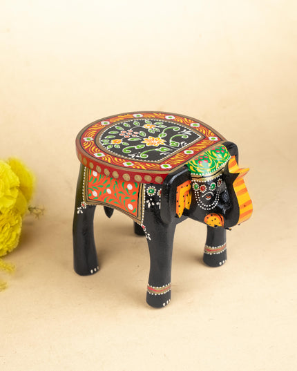 Hand Painted Elephant Stool - Black - 8 inch - WL5220