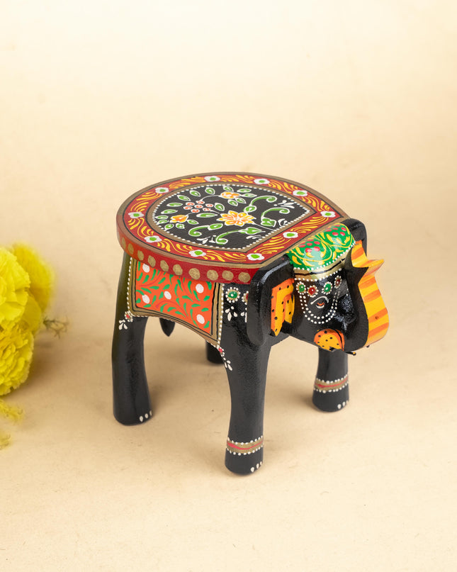 Hand Painted Elephant Stool - Black - 8 inch - WL5220