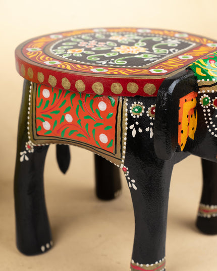 Hand Painted Elephant Stool - Black - 8 inch - WL5220