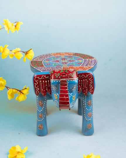 Hand Painted Elephant Stool - Blue - 8 inch - WL5222