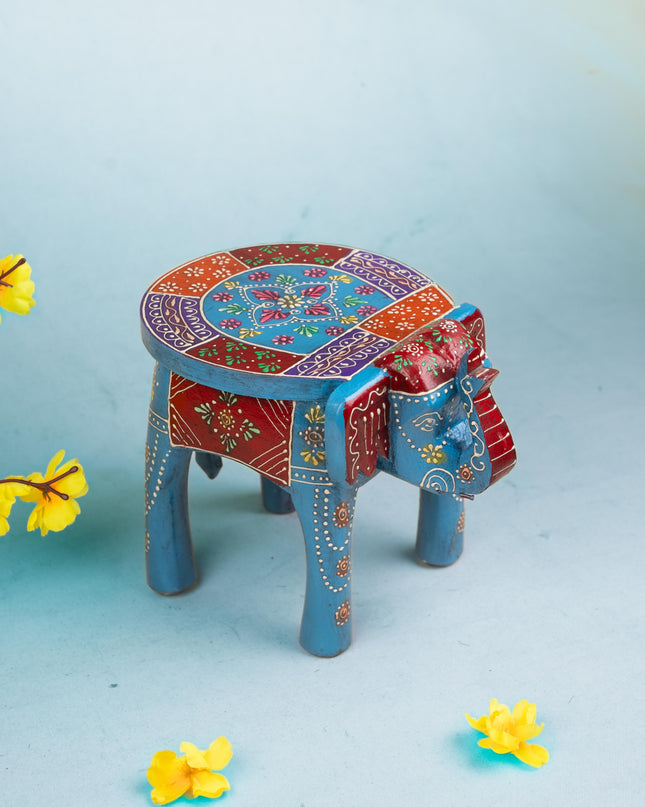 Hand Painted Elephant Stool - Blue - 8 inch - WL5222