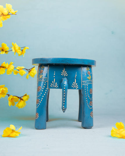 Hand Painted Elephant Stool - Blue - 8 inch - WL5222