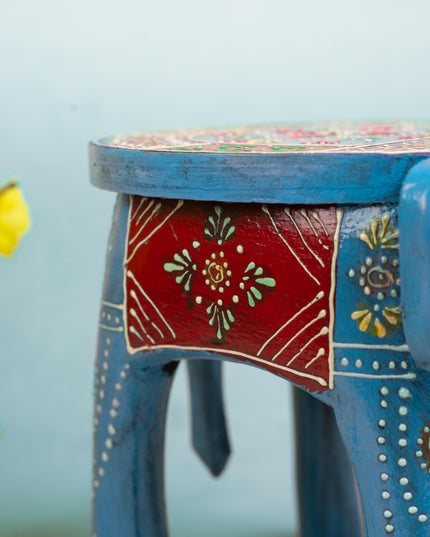 Hand Painted Elephant Stool - Blue - 8 inch - WL5222