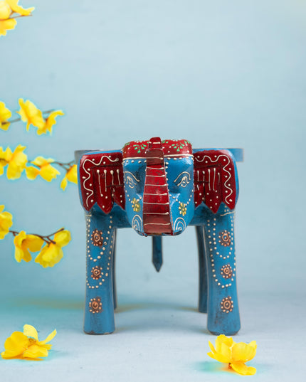 Hand Painted Elephant Stool - Blue - 8 inch - WL5222