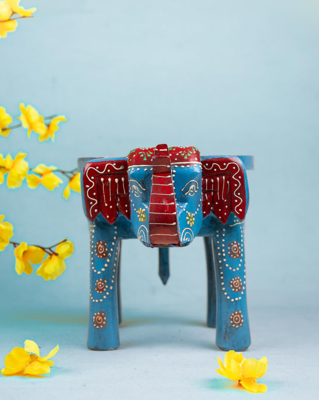 Hand Painted Elephant Stool - Blue - 8 inch - WL5222