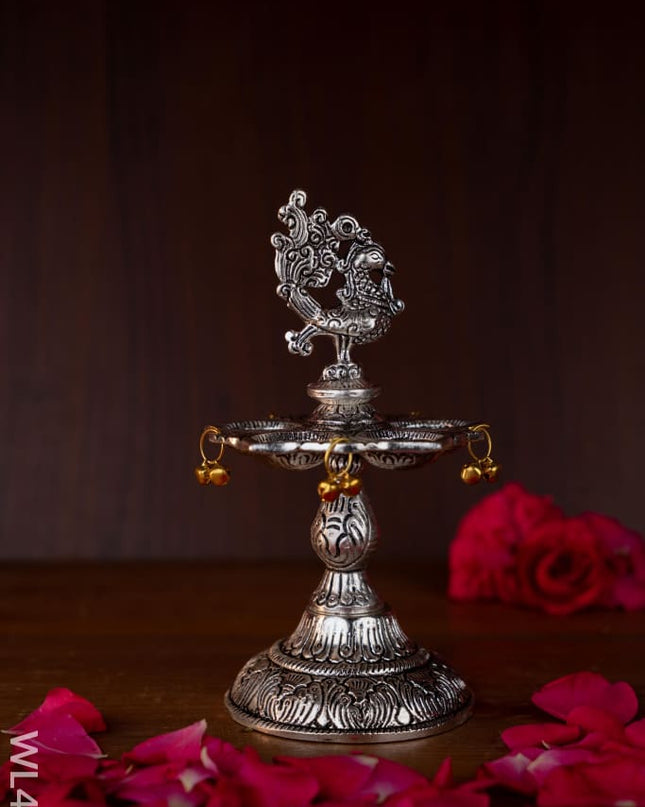 Annapakshi Kuthu Vilaku with Diya - 7 inch - WL4892 - White Metal