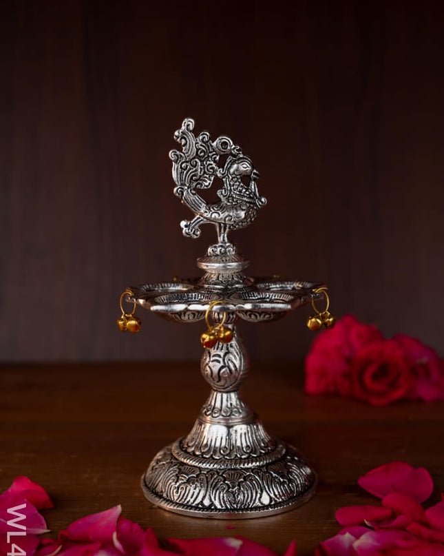 Annapakshi Kuthu Vilaku with Diya - 7 inch - WL4892 - White Metal