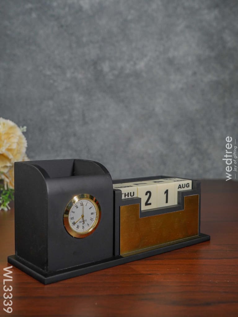 Black Matte Finish Pen Stand With Clock & Calender - Wl3339 Corporate Gifts