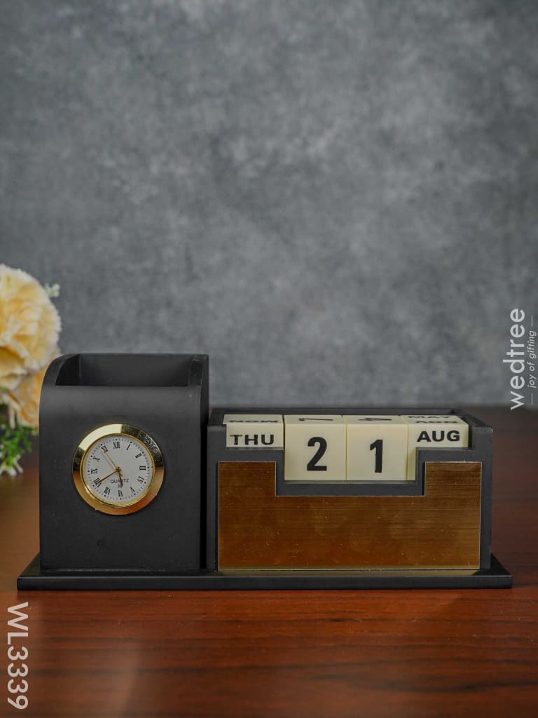 Black Matte Finish Pen Stand With Clock & Calender - Wl3339 Corporate Gifts