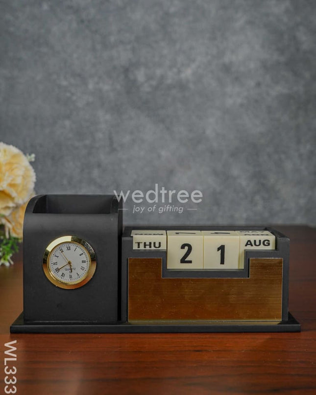 Black Matte Finish Pen Stand With Clock & Calender - Wl3339 Corporate Gifts