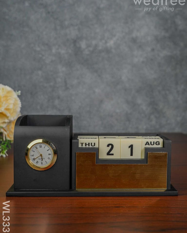 Black Matte Finish Pen Stand With Clock & Calender - Wl3339 Corporate Gifts