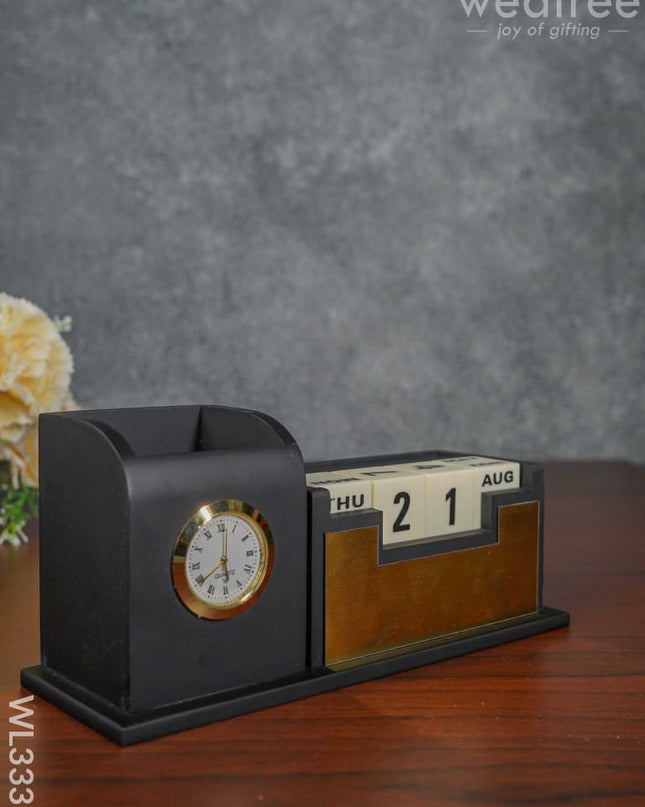 Black Matte Finish Pen Stand With Clock & Calender - Wl3339 Corporate Gifts
