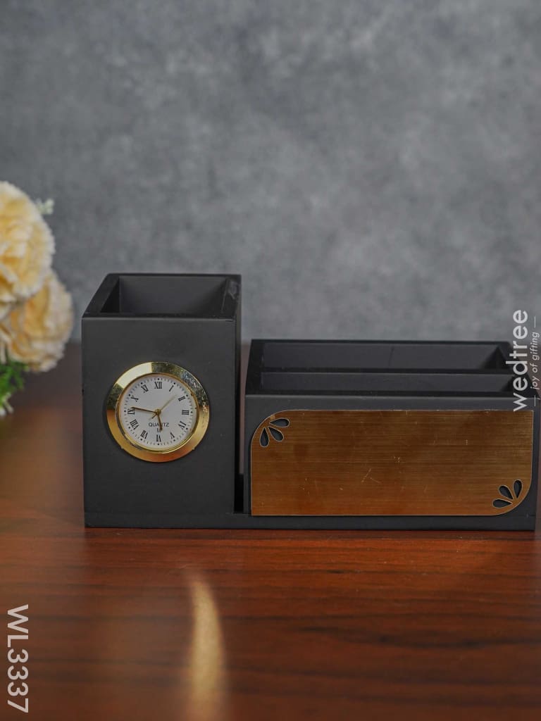 Black Matte Finish Pen Stand With Clock - Wl3337 Corporate Gifts