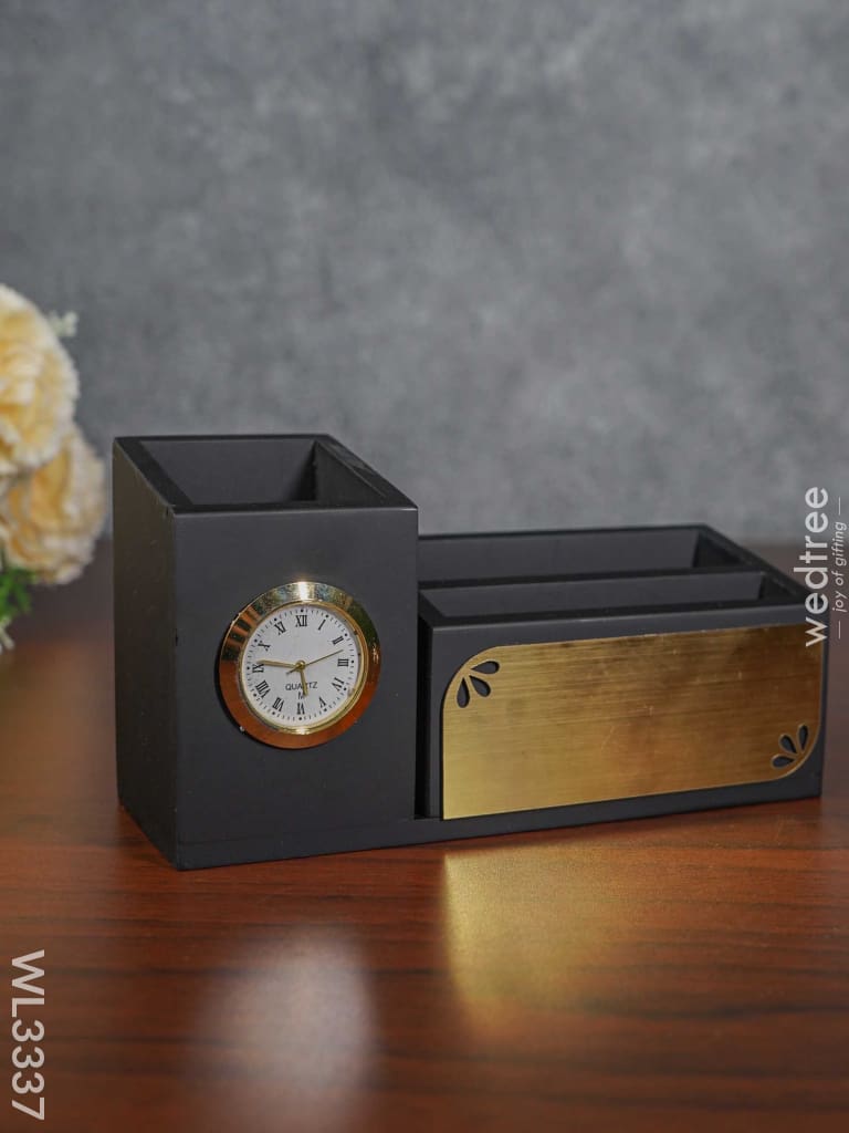 Black Matte Finish Pen Stand With Clock - Wl3337 Corporate Gifts