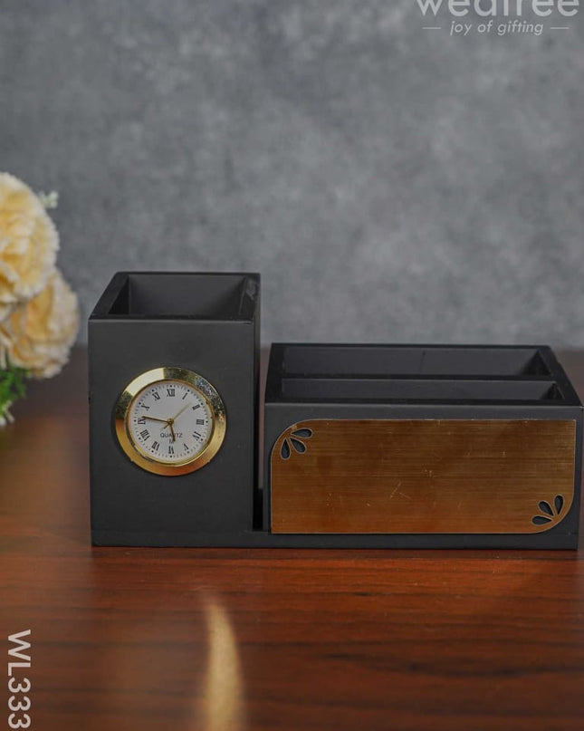 Black Matte Finish Pen Stand With Clock - Wl3337 Corporate Gifts
