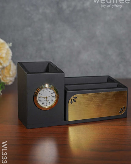 Black Matte Finish Pen Stand With Clock - Wl3337 Corporate Gifts