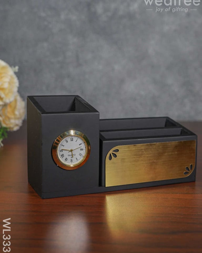 Black Matte Finish Pen Stand With Clock - Wl3337 Corporate Gifts