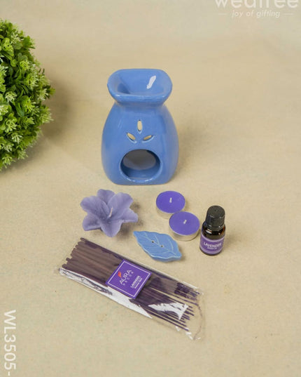Blue Pottery Diffuser Candle Holder With Lavender Oil And Incense Sticks - Wl3505-2 Candles &