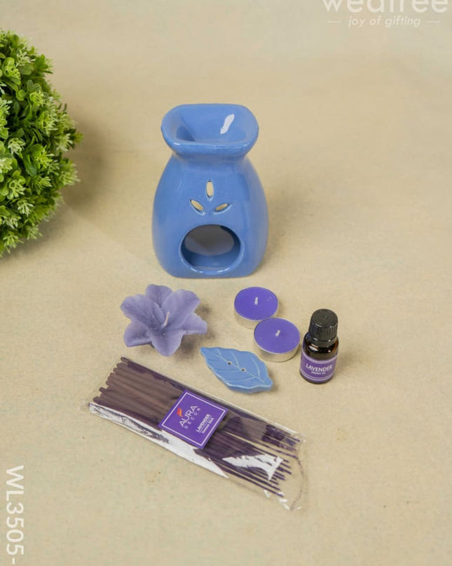 Blue Pottery Diffuser Candle Holder With Lavender Oil And Incense Sticks - Wl3505-2 Candles &