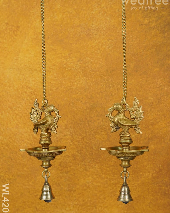 Brass Annapakshi Hanging 5-Face Diya With Bell [Set Of 2] - Wl4202 Wall