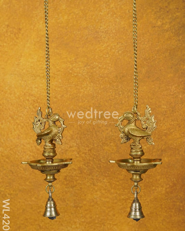 Brass Annapakshi Hanging 5-Face Diya With Bell [Set Of 2] - Wl4202 Wall