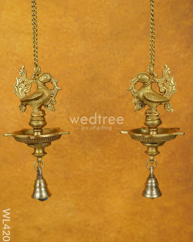 Brass Annapakshi Hanging 5-Face Diya With Bell [Set Of 2] - Wl4202 Wall